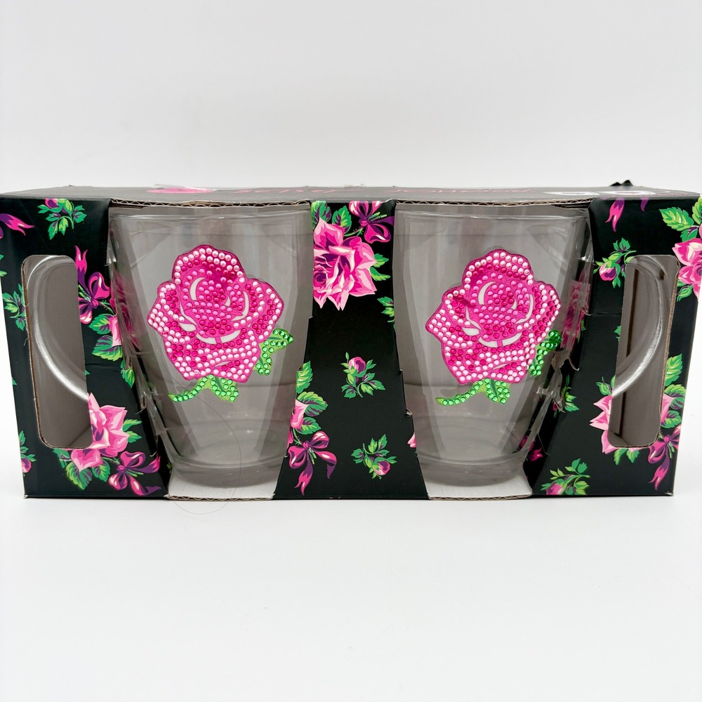 Betsey Johnson Coffee Mugs Set of 2 Rose Floral Rhinestone Embellished
